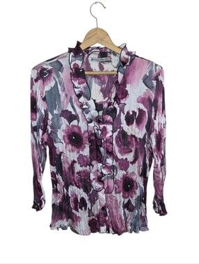 Y2K Signature by Larry Levine Accordion Pleated Floral Ruffle Blouse Size Large